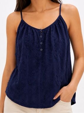 Anthropologie Navy Textured Button Front Cami Tank Top Large